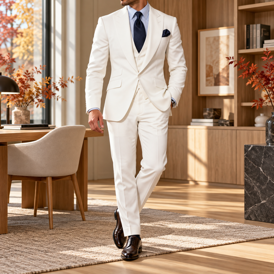 Costume homme trois pièces blanc avec pochette marine et chemise bleu clair