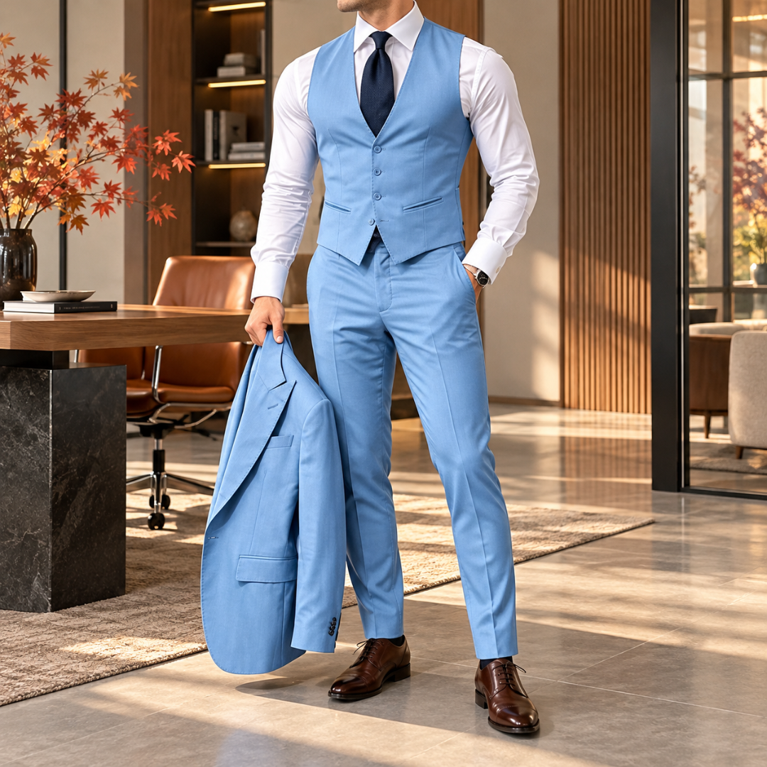 Gilet bleu clair à col V et pantalon assorti, veste tenue à la main