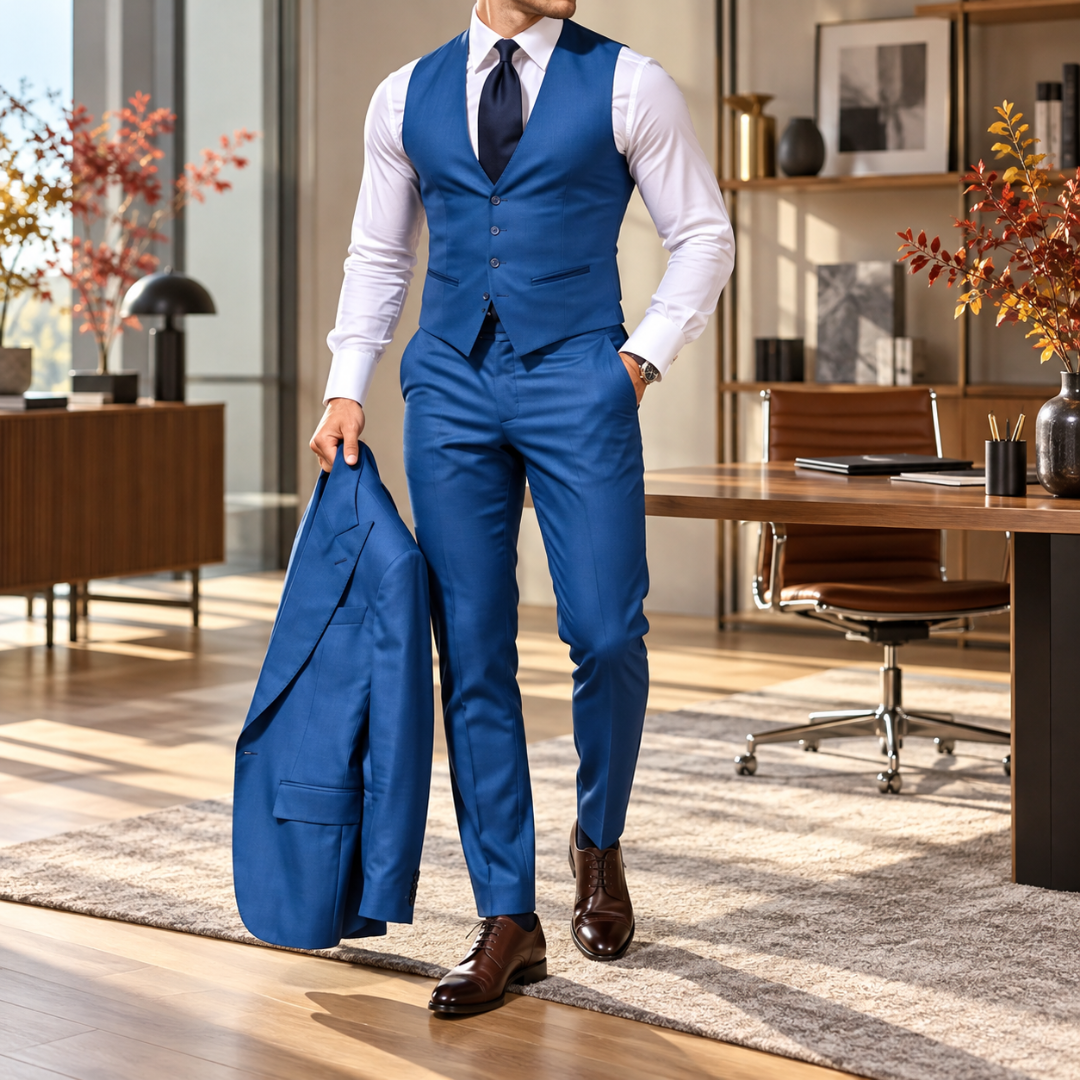Gilet et pantalon bleu lac avec chemise blanche et veste portée au bras