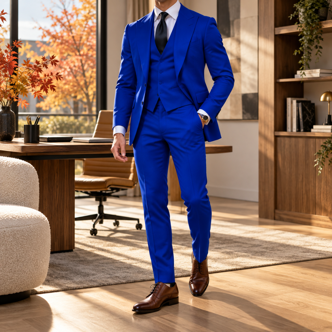 Costume homme bleu roi trois pièces avec gilet boutonné et revers pointus