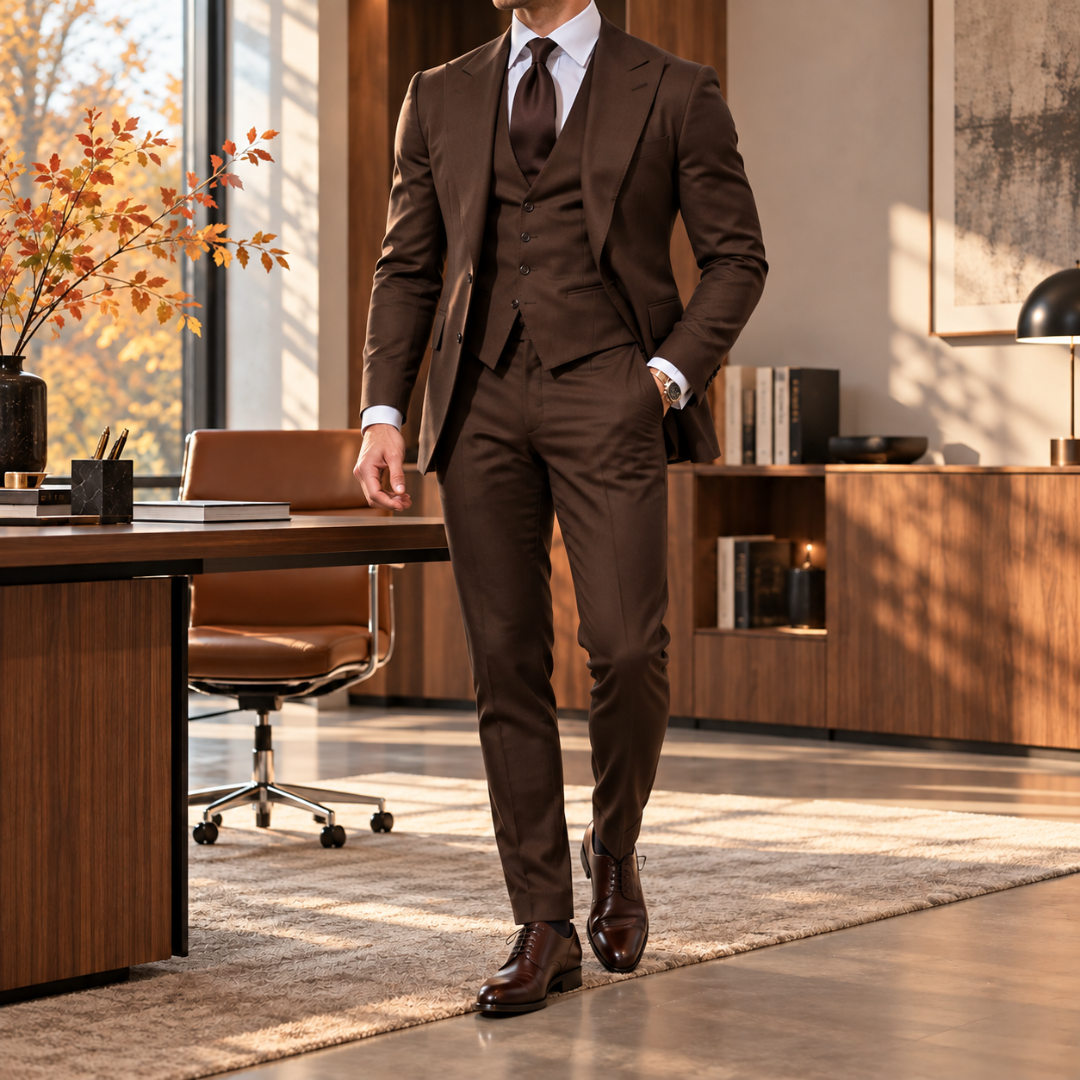 Costume homme café trois pièces aux revers pointus et poches à rabat