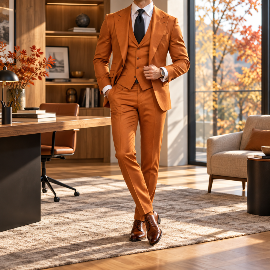 Costume homme caramel trois pièces porté avec chemise blanche et cravate noire