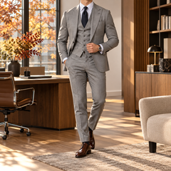 Costume homme gris avec gilet assorti et pantalon à pli marqué