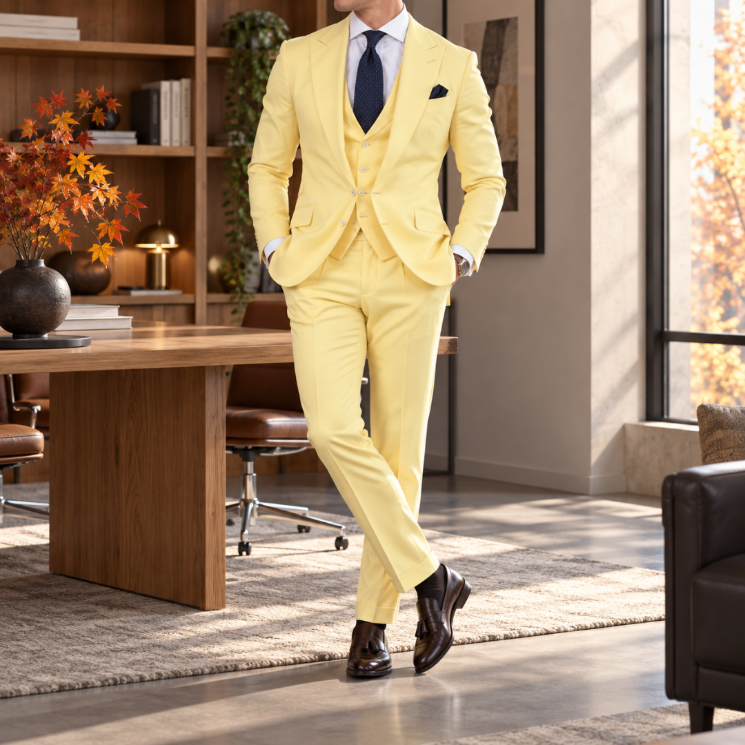 Costume homme jaune trois pièces avec poches à rabat et cravate marine