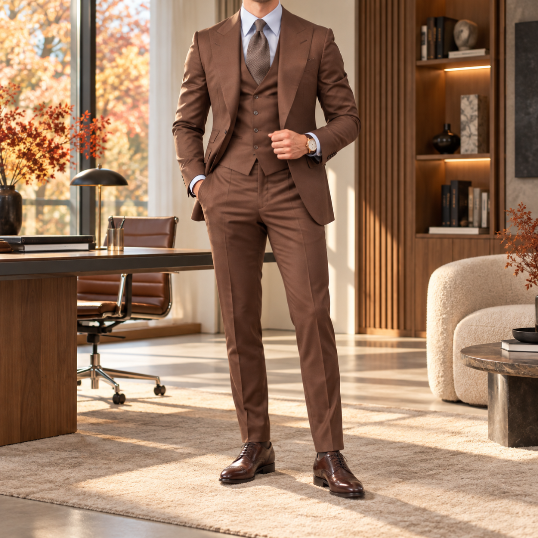 Costume homme marron avec gilet boutonné et pantalon à pli marqué