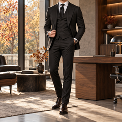 Costume homme noir trois pièces avec gilet boutonné et cravate noire