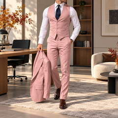 Gilet rose boutonné et pantalon assorti, veste du costume portée au bras