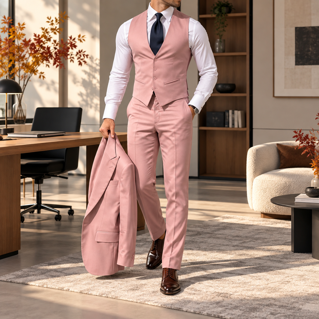 Gilet rose boutonné et pantalon assorti, veste du costume portée au bras