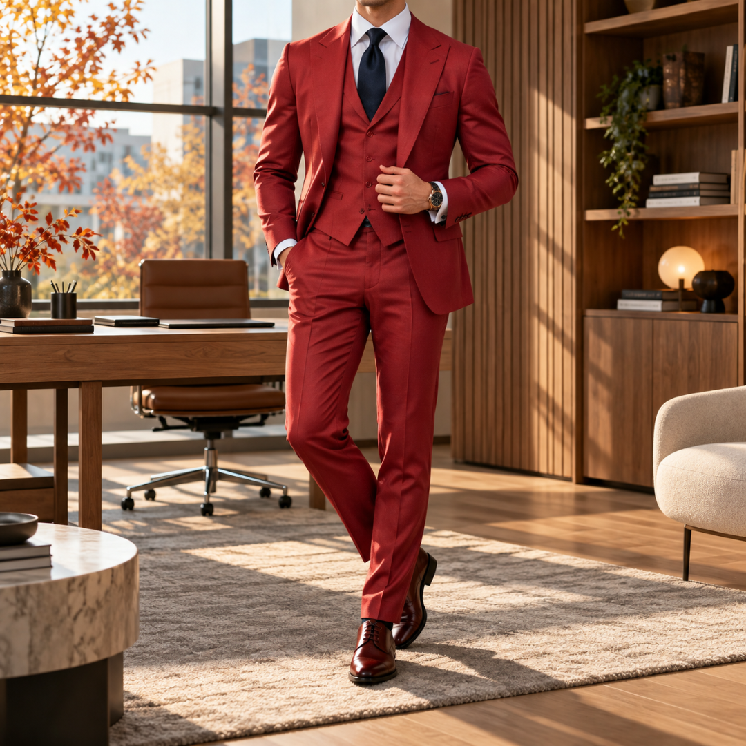 Costume homme rouge trois pièces, veste ouverte sur un gilet assorti