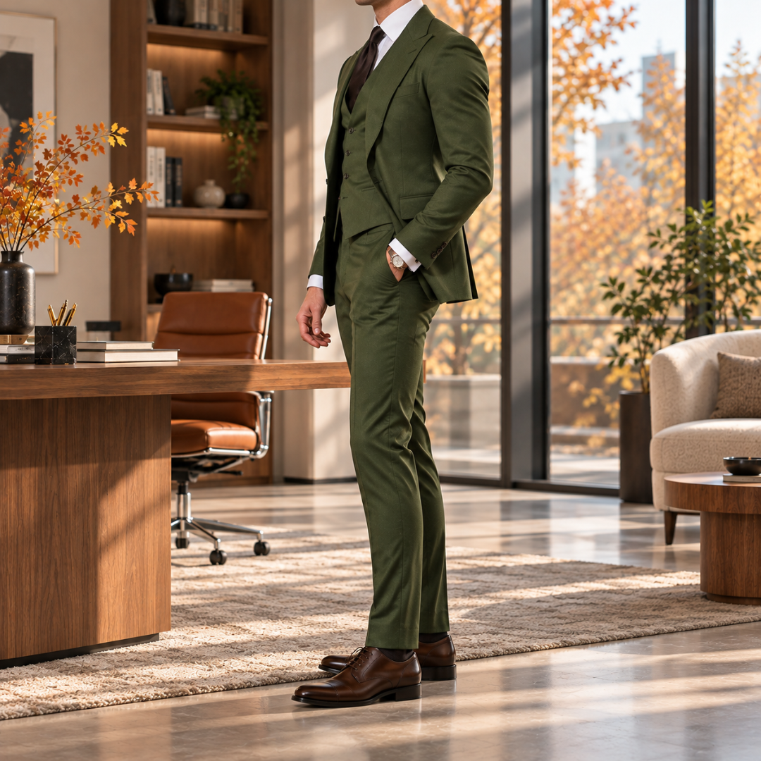 Costume vert de profil, veste à revers pointus et pantalon à pli marqué