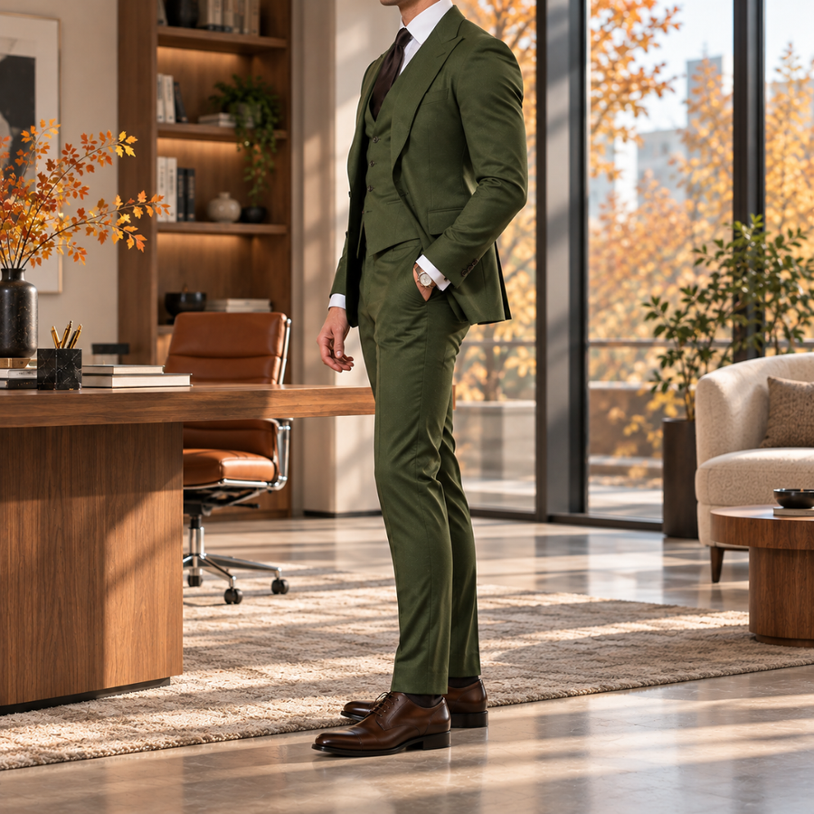 Costume vert de profil, veste à revers pointus et pantalon à pli marqué