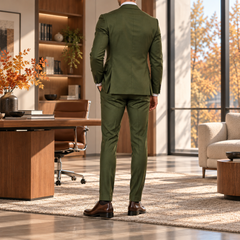 Vue de dos du costume homme vert, veste avec fente et pantalon assorti