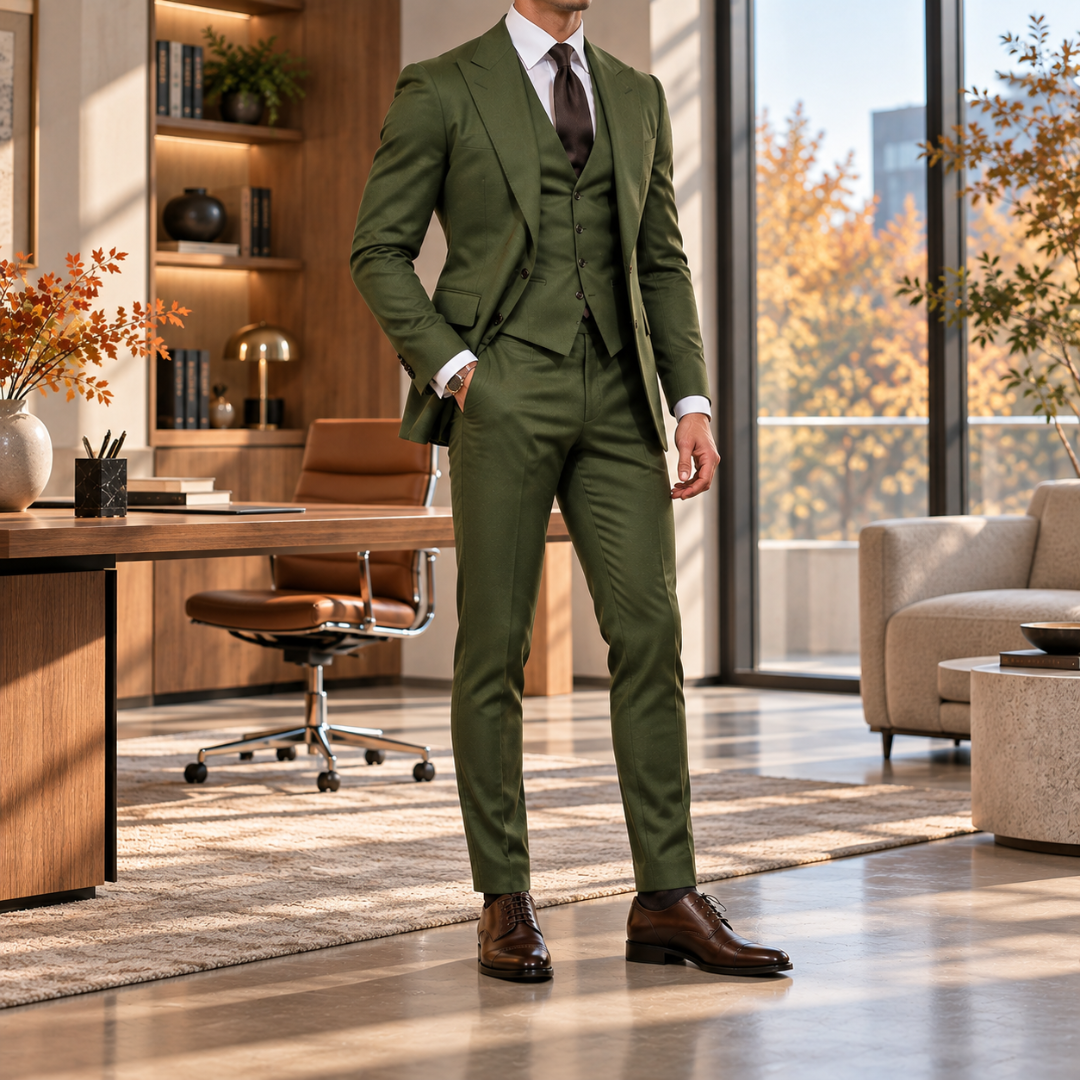 Costume homme vert ouvert laissant voir le gilet boutonné à col V