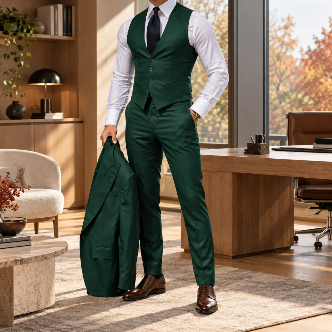Gilet et pantalon vert foncé avec chemise blanche et veste au bras