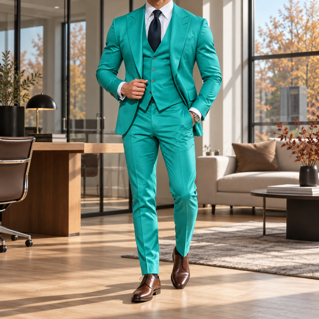 Costume homme vert turquoise avec gilet assorti et poche poitrine passepoilée