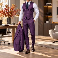 Gilet violet à col V et pantalon assorti, veste tenue à la main