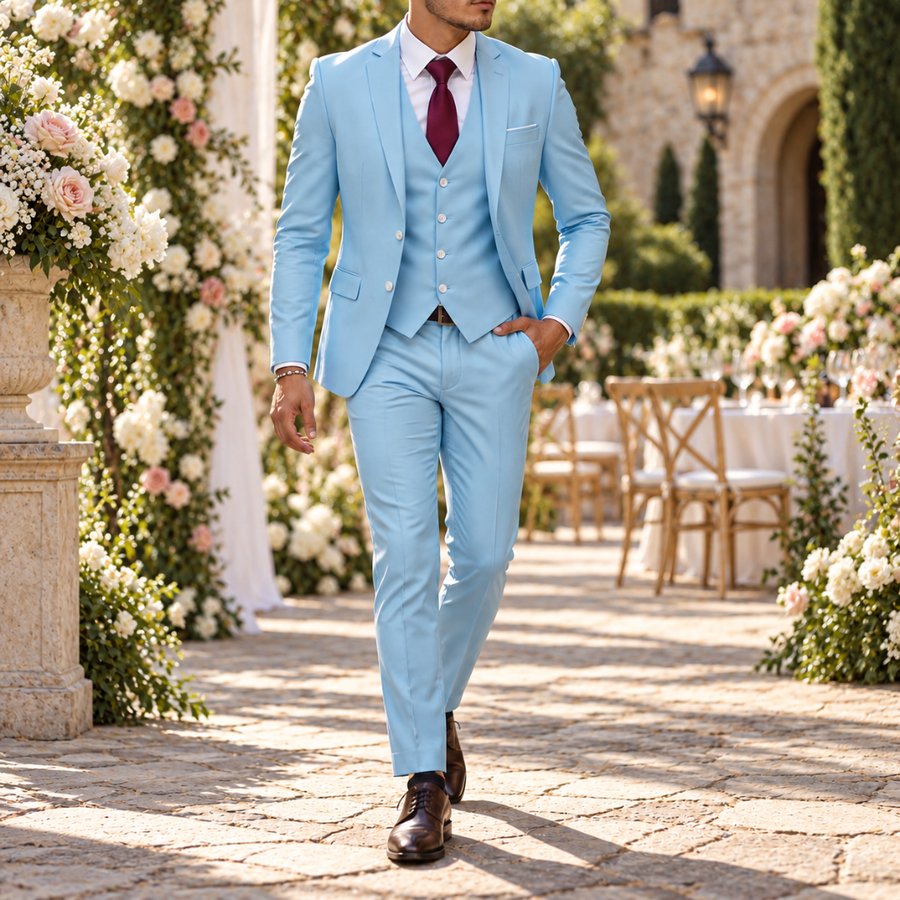 Costume homme trois-pièces bleu clair avec gilet boutonné et cravate bordeaux, mariage