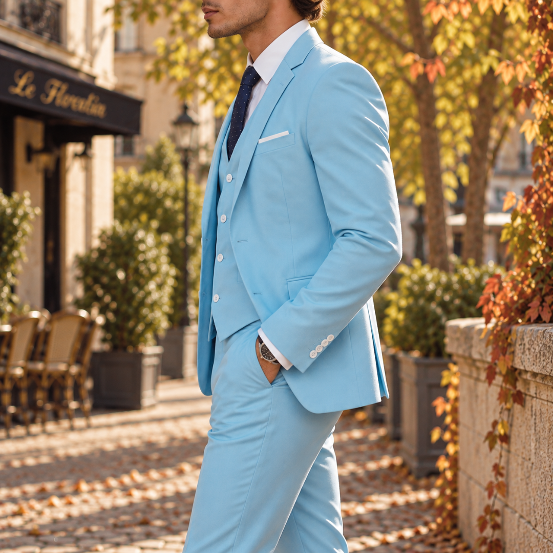 Costume homme bleu clair de profil, veste à col cranté et poche poitrine