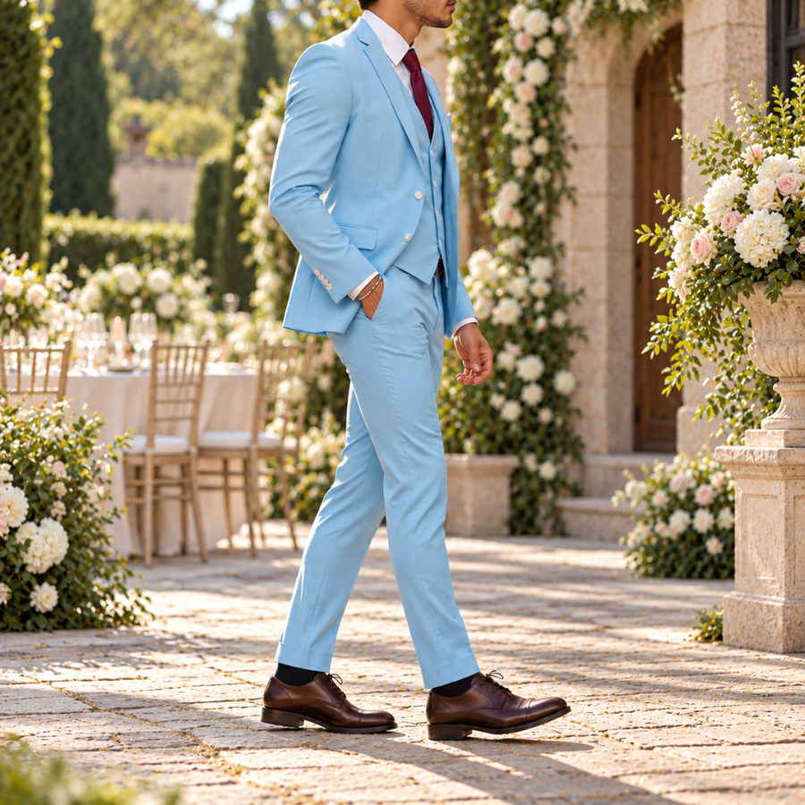 Costume trois-pièces bleu clair vu de profil, pantalon ajusté et derbies marron