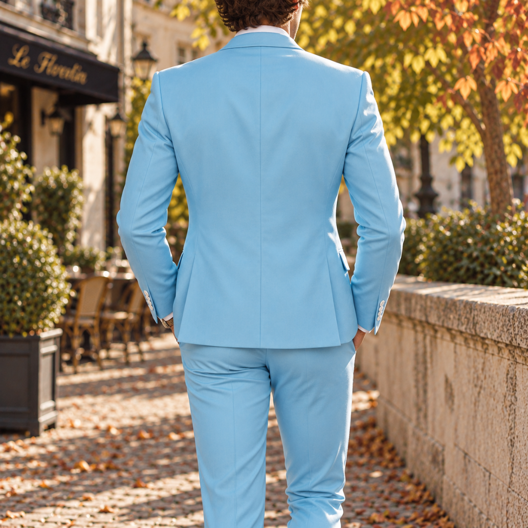 Dos du costume homme bleu clair avec veste cintrée et pantalon droit