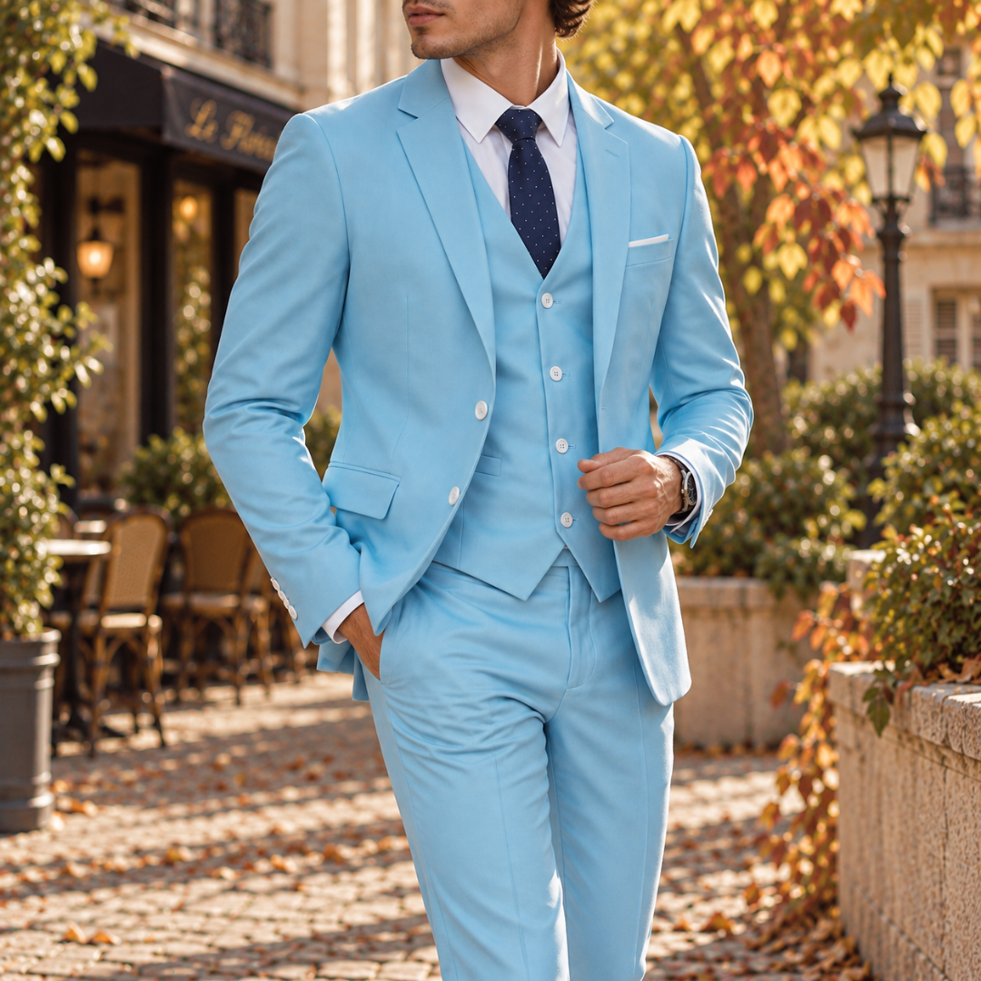 Costume homme bleu clair, gilet à col en V et veste deux boutons