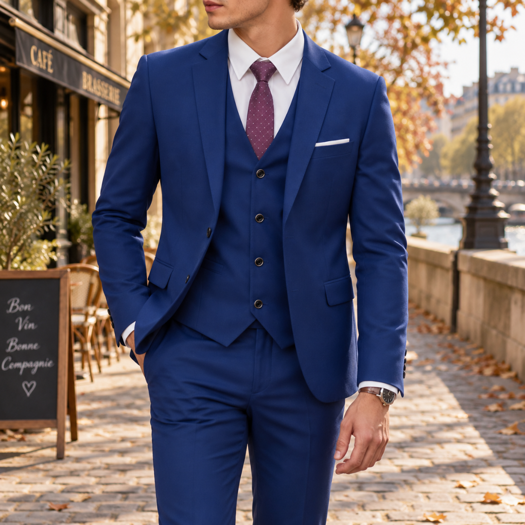 Costume homme bleu marine trois-pièces avec gilet boutonné et cravate prune