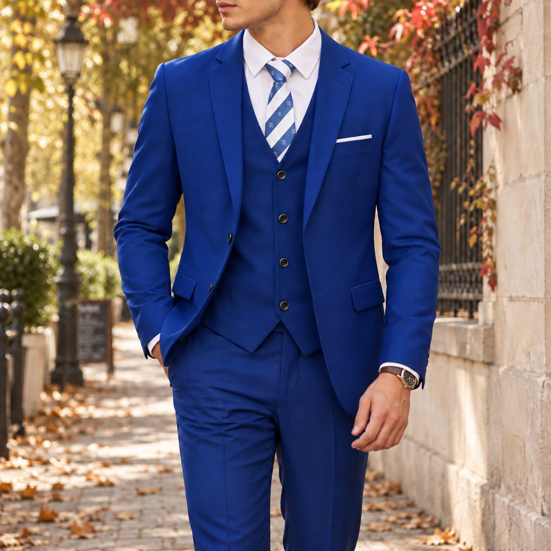 Costume homme bleu roi avec gilet assorti et cravate rayée bleue