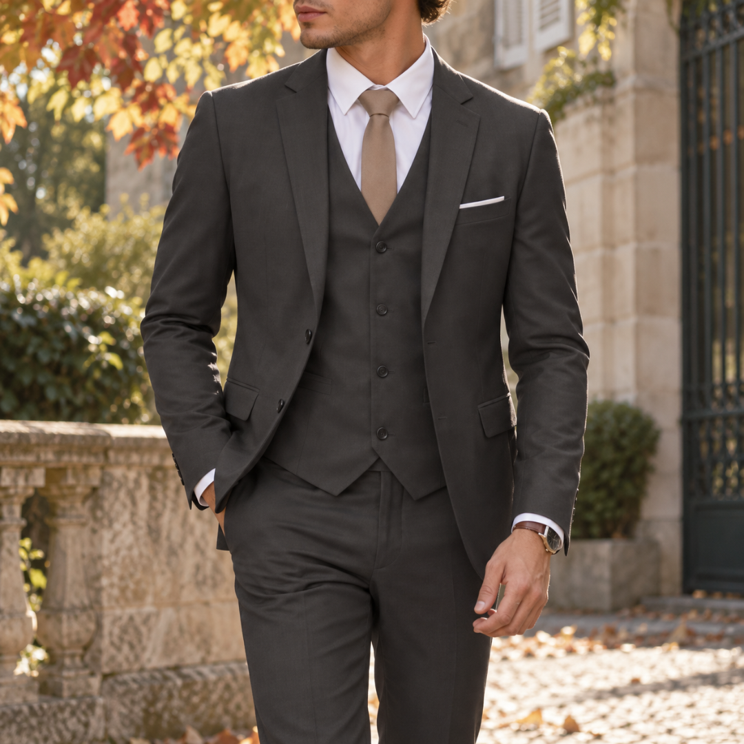 Costume homme gris foncé avec gilet assorti et cravate taupe