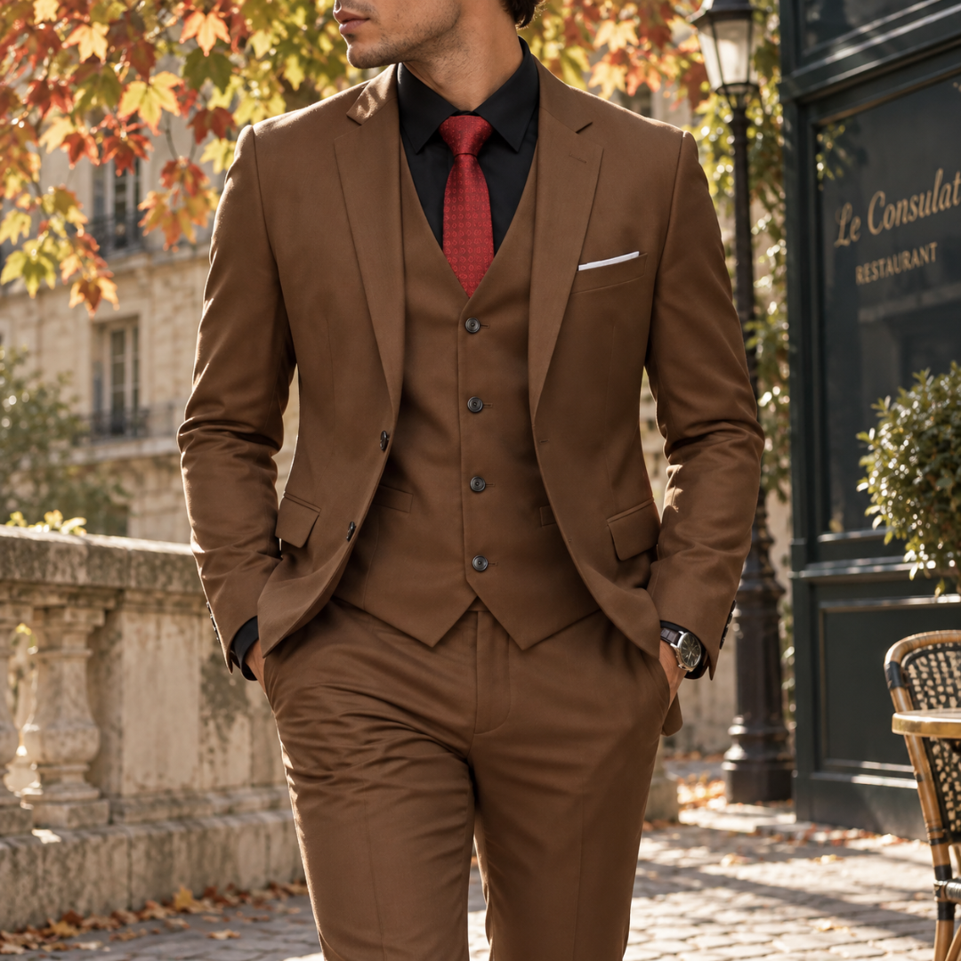 Costume homme marron trois-pièces, poches à rabat et gilet boutonné