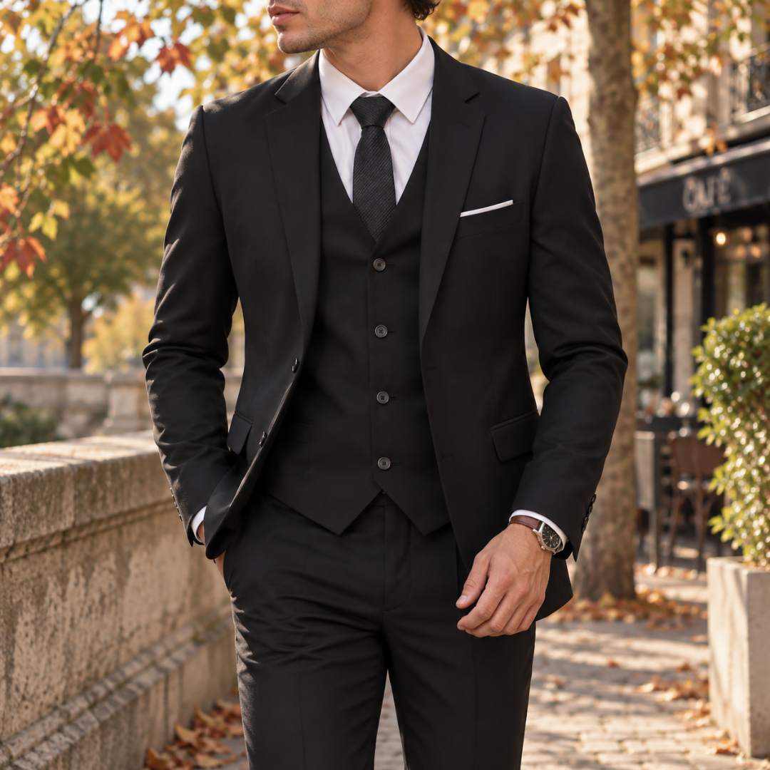 Costume homme noir trois-pièces, gilet boutonné et chemise blanche