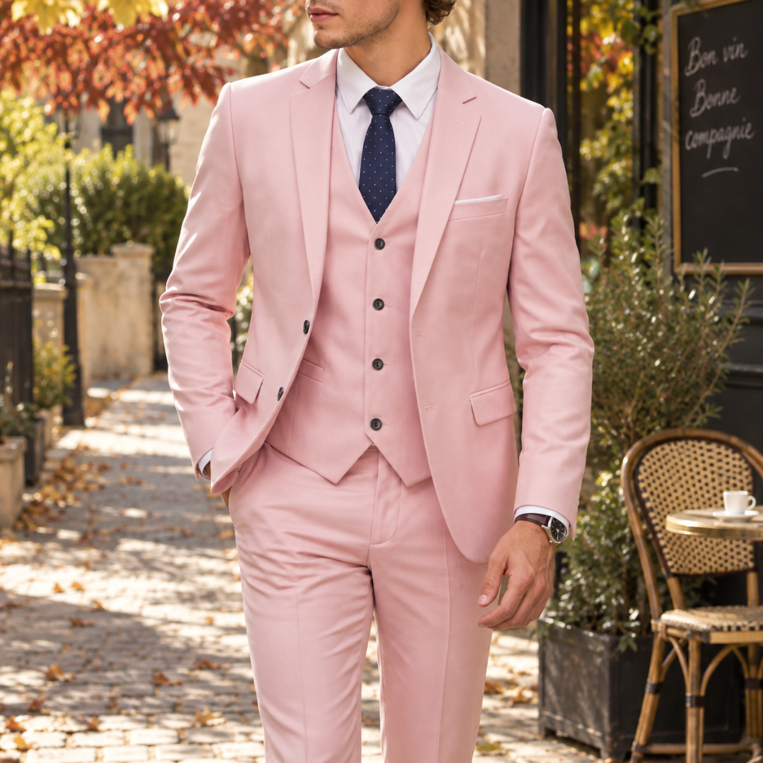 Costume homme rose pâle trois-pièces, gilet boutonné et cravate bleu marine