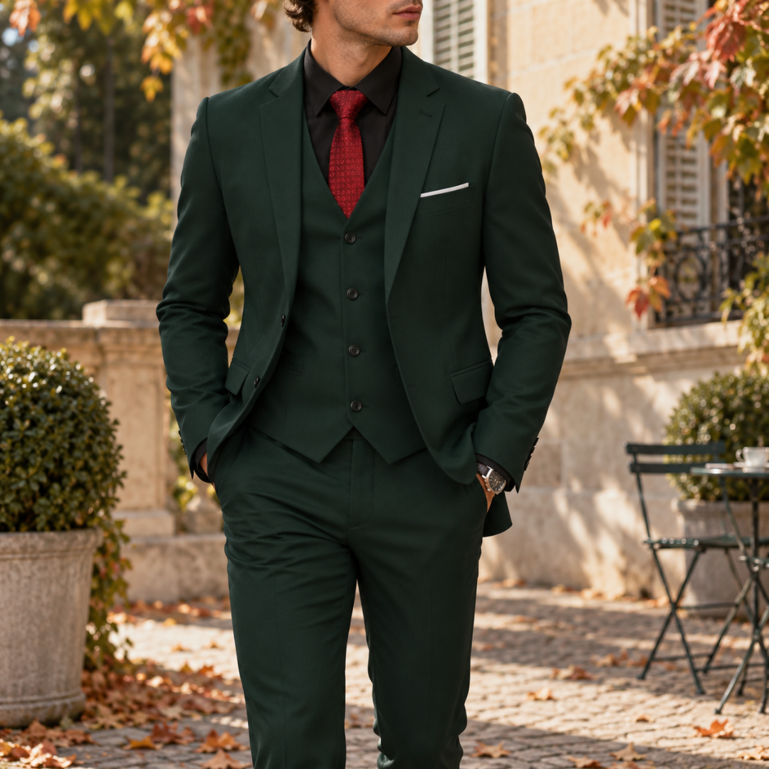 Costume homme vert foncé avec gilet assorti et cravate rouge