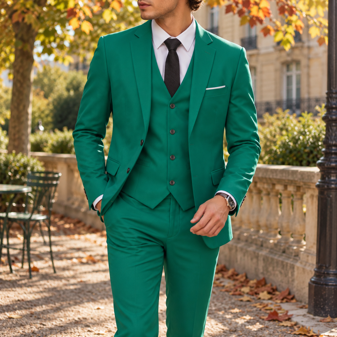 Costume homme vert trois-pièces avec gilet boutonné et cravate noire