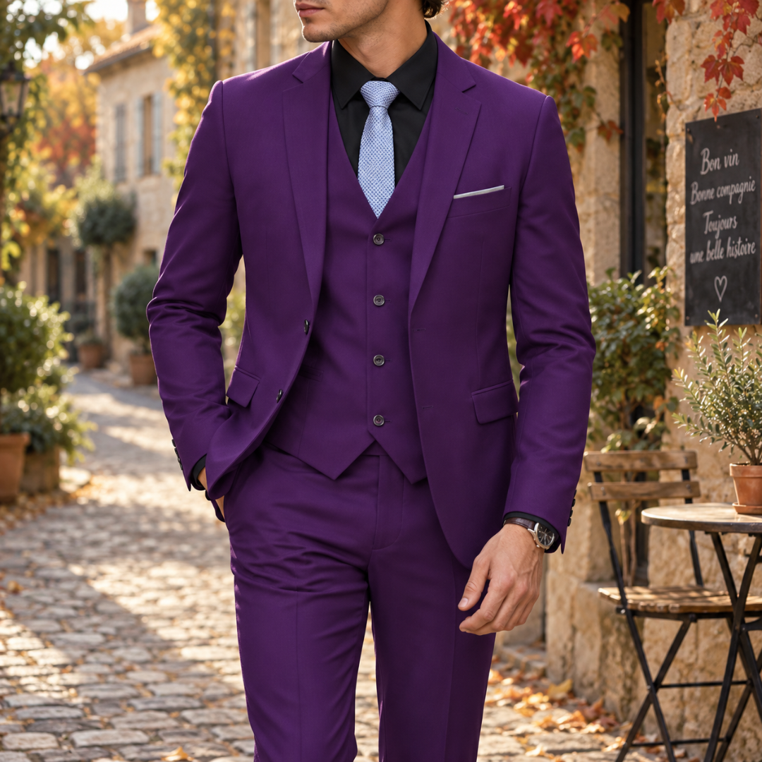 Costume homme violet foncé, gilet à col en V et chemise noire