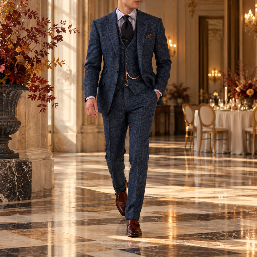 Costume homme bleu marine trois pièces, gilet boutonné et pantalon à pli marqué