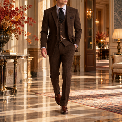 Costume homme café trois pièces avec gilet boutonné et veste à col cranté