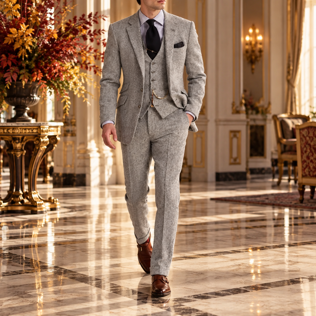 Costume homme gris chiné trois pièces avec gilet boutonné et col cranté