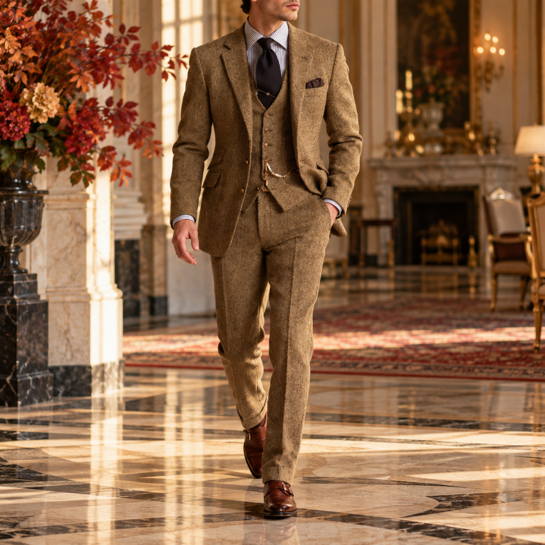 Costume homme marron clair trois pièces avec gilet assorti et pantalon droit