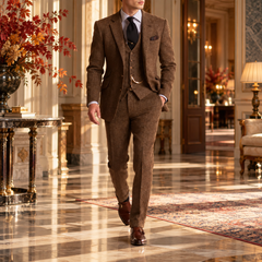 Costume homme marron trois pièces avec poches à rabat et pantalon à pli