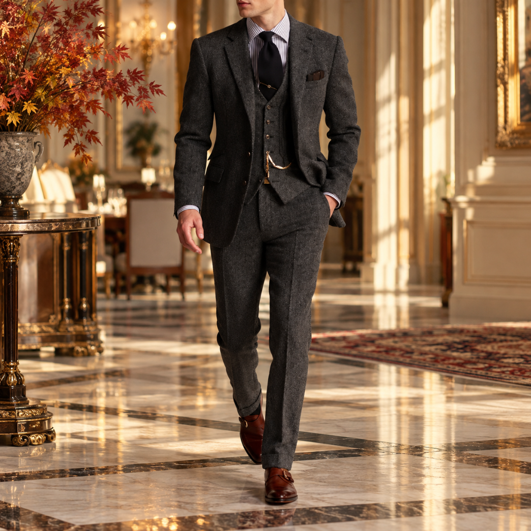Costume homme noir trois pièces avec gilet assorti et pochette de poitrine
