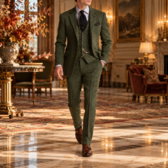 Costume homme olive trois pièces, veste à deux boutons et gilet boutonné