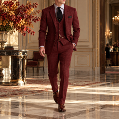 Costume homme trois pièces rouge avec gilet boutonné et veste à col cranté