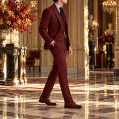 Costume rouge de profil, veste ouverte sur un gilet boutonné et pantalon à pli