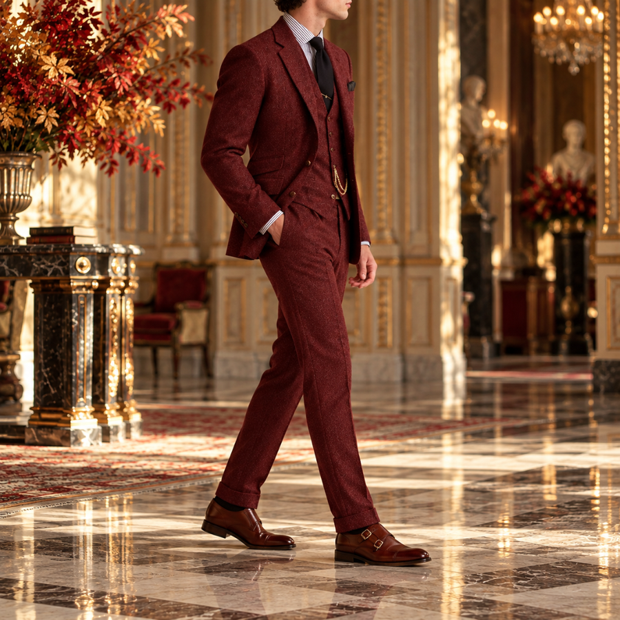 Costume rouge de profil, veste ouverte sur un gilet boutonné et pantalon à pli