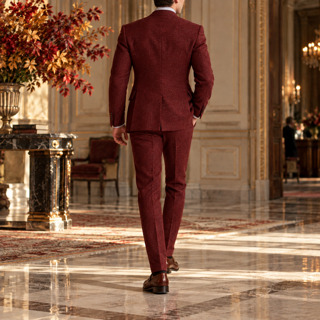 Dos du costume homme rouge montrant la fente centrale de la veste