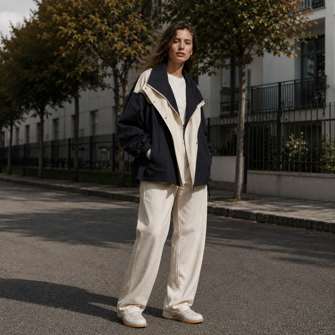 Coupe-vent femme noir à capuche, col contrastant écru et fermeture zippée