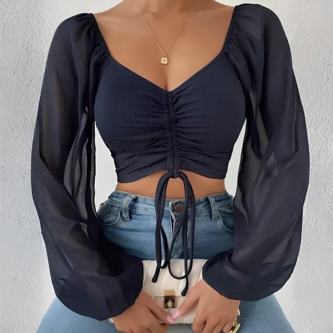 Crop top bleu marine court, col cœur froncé et long lacet noué