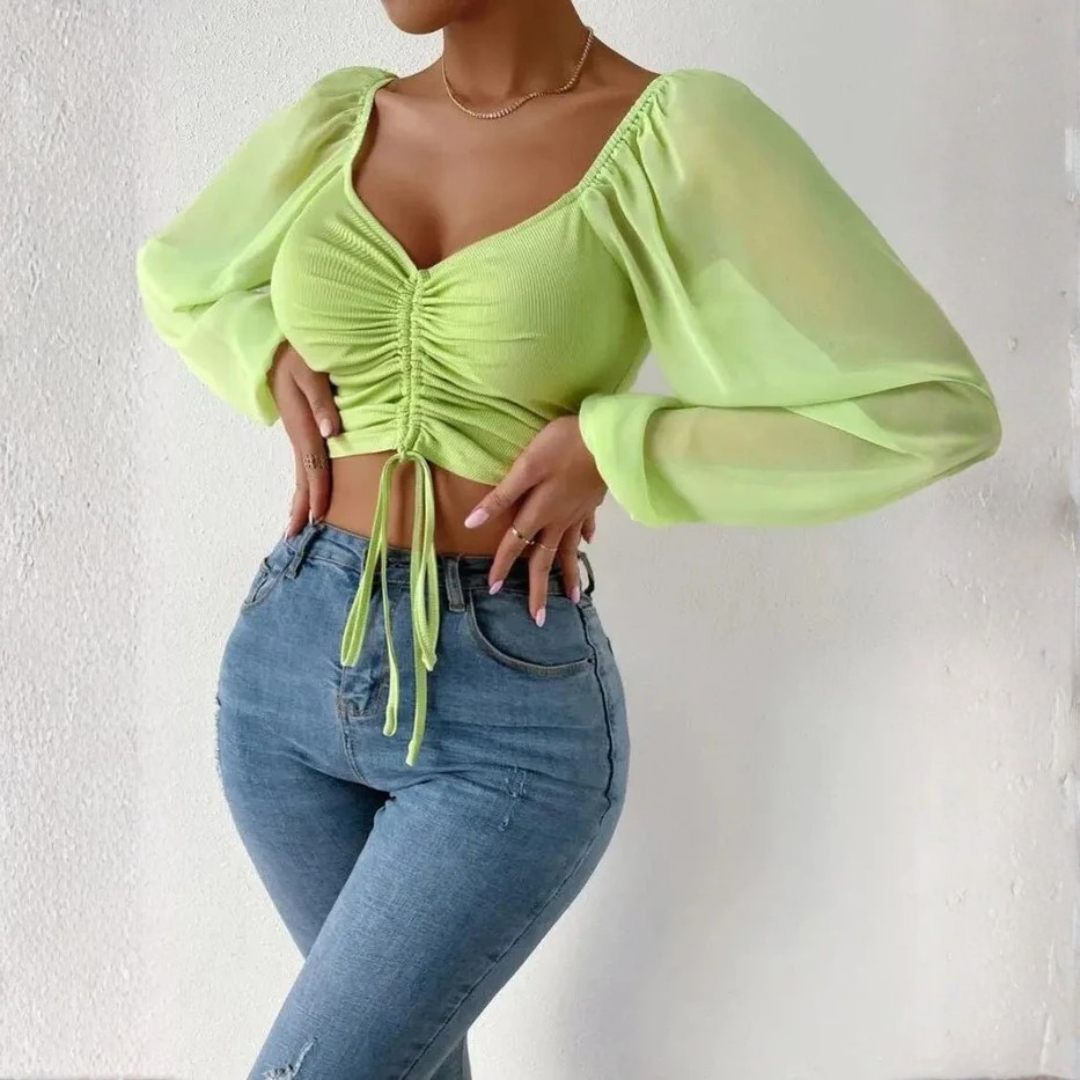 Crop top vert lime manches longues bouffantes et fronces devant nouées