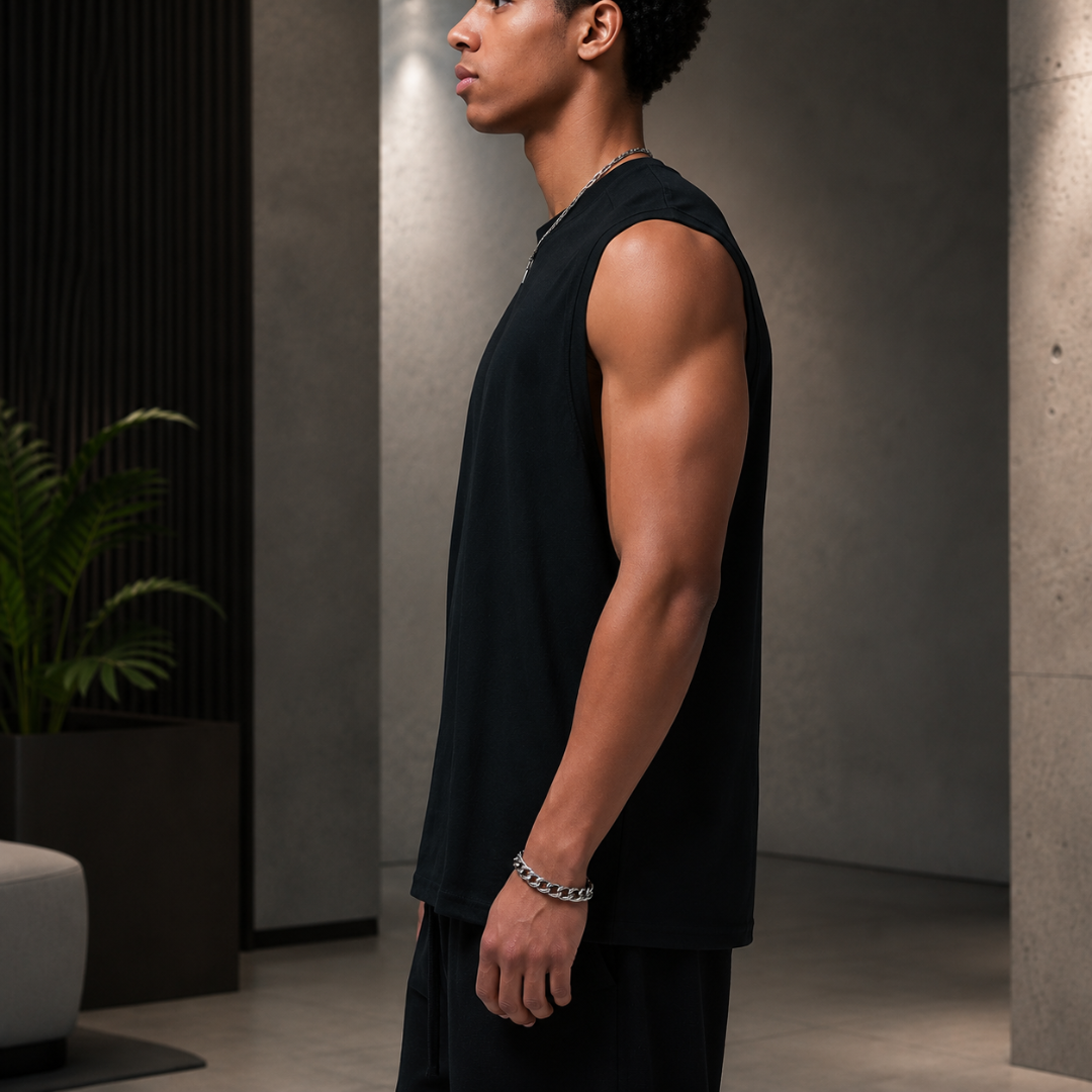 Débardeur noir vu de profil avec bracelet métallique