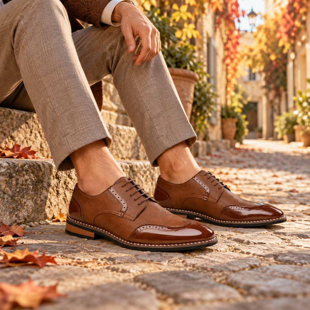 Derbies homme marron à lacets, bout golf brillant et perforations décoratives